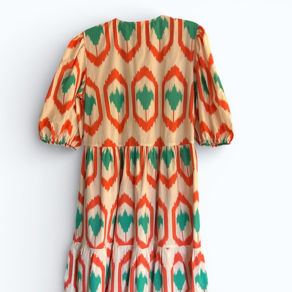 Oliphant Coral Odisha Bold Ikat Pattern Coral Turquoise White Cotton Dress Sz XL - Picture 5 of 7